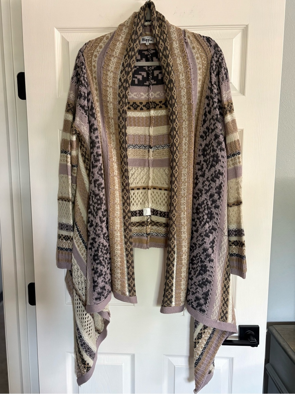 Military Hippie Striped Open-Front Cardigan in Taupe, Cream & Lavender